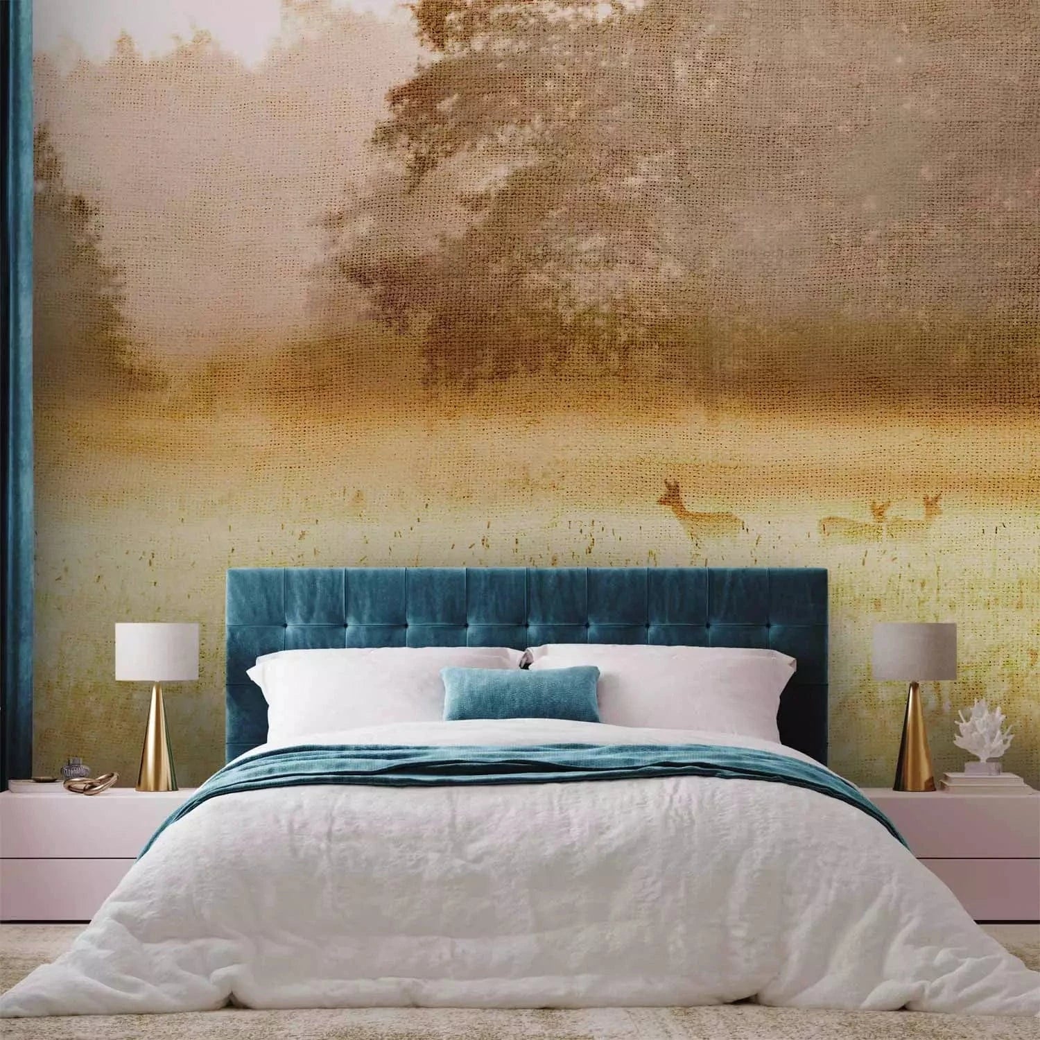 Fototapetes - Rīta rasa – ainava ar dzīvniekiem uz zelta pļavas G-ART