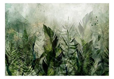 Фотообои - Утренняя роса - композиция с листьями на зеленом фоне, 144492 G-ART