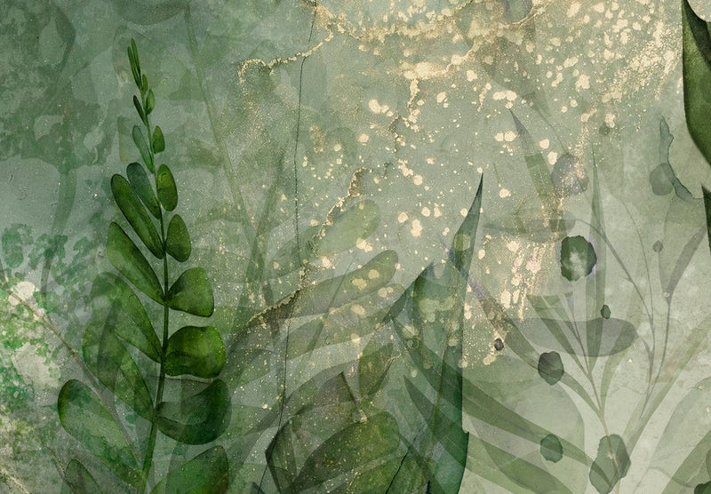Fototapetes - Rīta rasa - kompozīcija ar lapām uz zaļa fona, 144492 G-ART