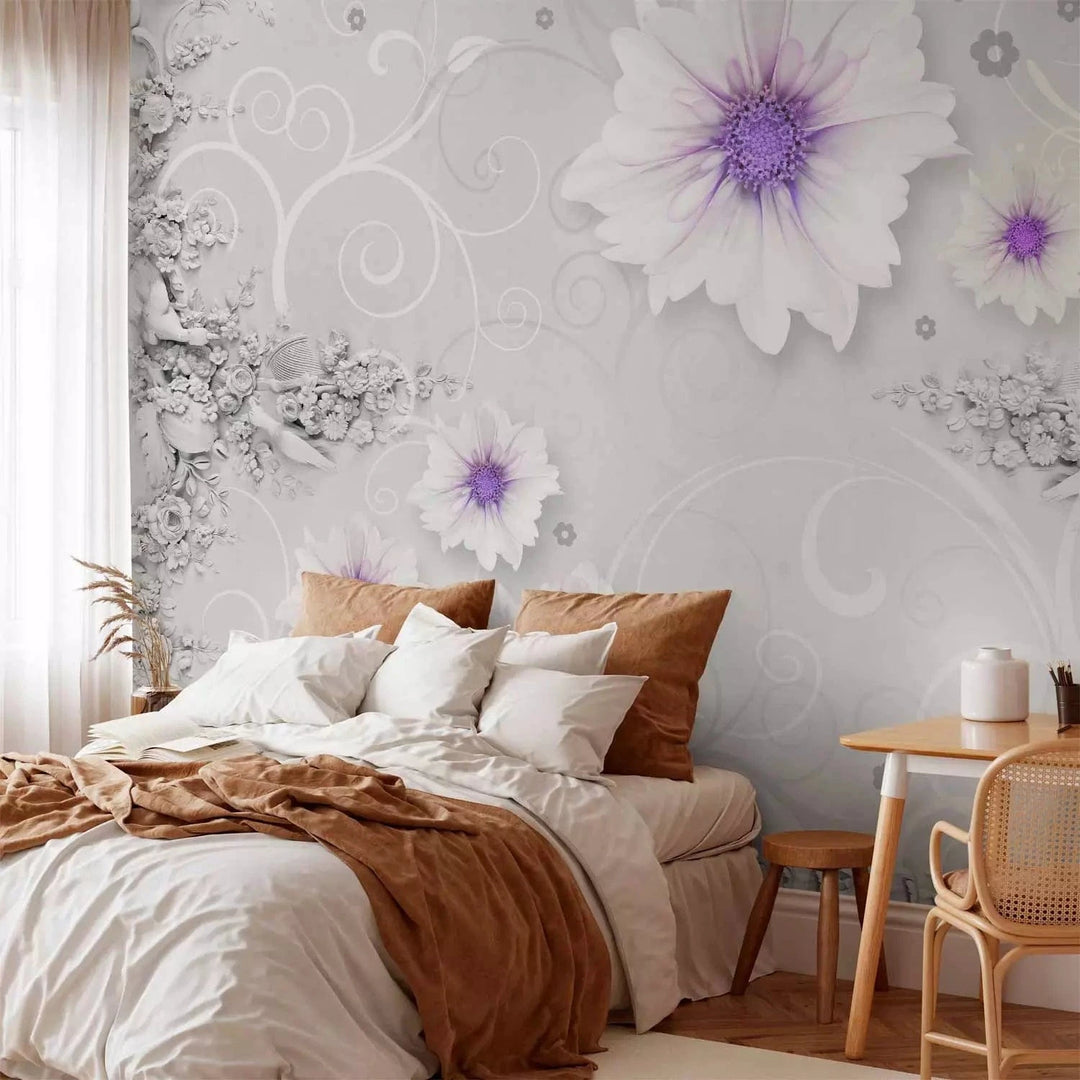 Fototapetes ar ziediem baltā krāsā un elementiem violetā krāsā G-ART