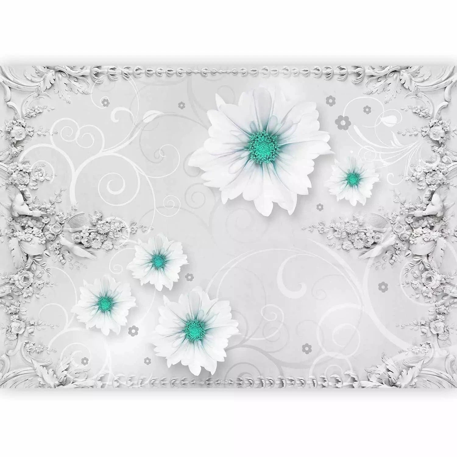 Fototapetes ar ziediem baltā krāsā un elementiem zaļā krāsā G-ART
