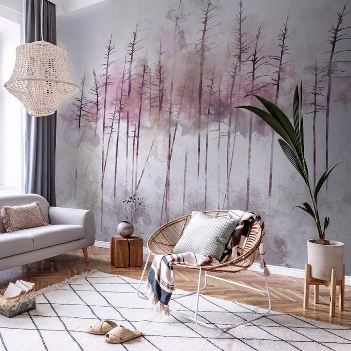 Fototapetes - enerģiska ainava ar rozā kokiem uz pelēka fona - 143784 G-ART