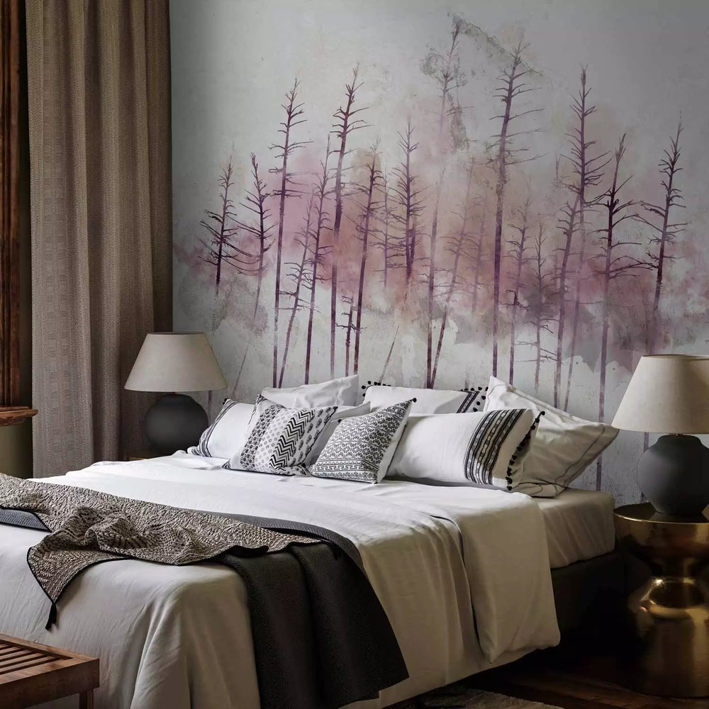 Fototapetes - enerģiska ainava ar rozā kokiem uz pelēka fona - 143784 G-ART