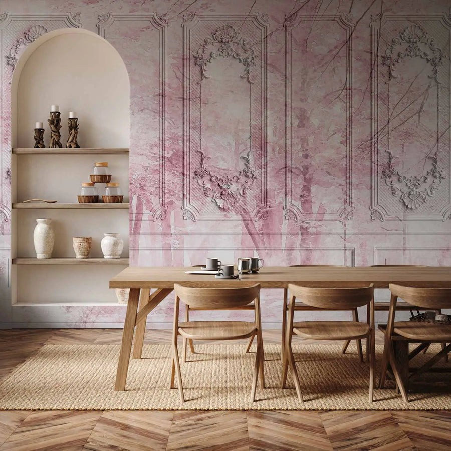 Fototapetes - miglaina ainava ar augstiem kokiem rozā toņos G-ART