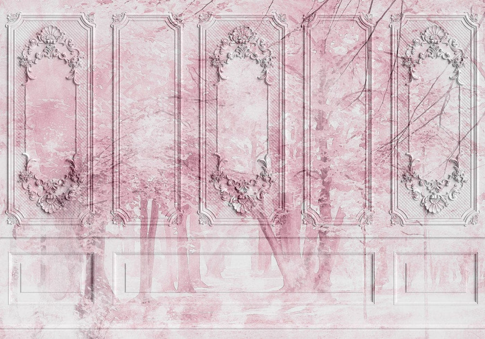 Fototapetes - miglaina ainava ar augstiem kokiem rozā toņos G-ART