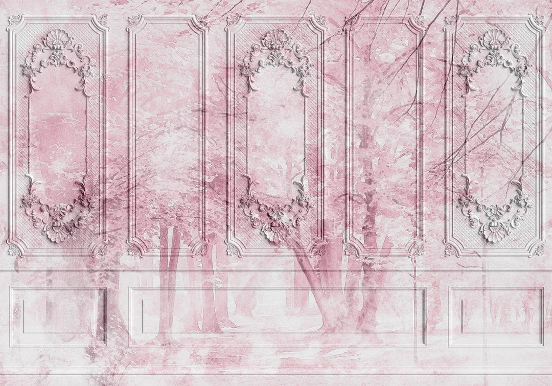 Fototapetes - miglaina ainava ar augstiem kokiem rozā toņos G-ART