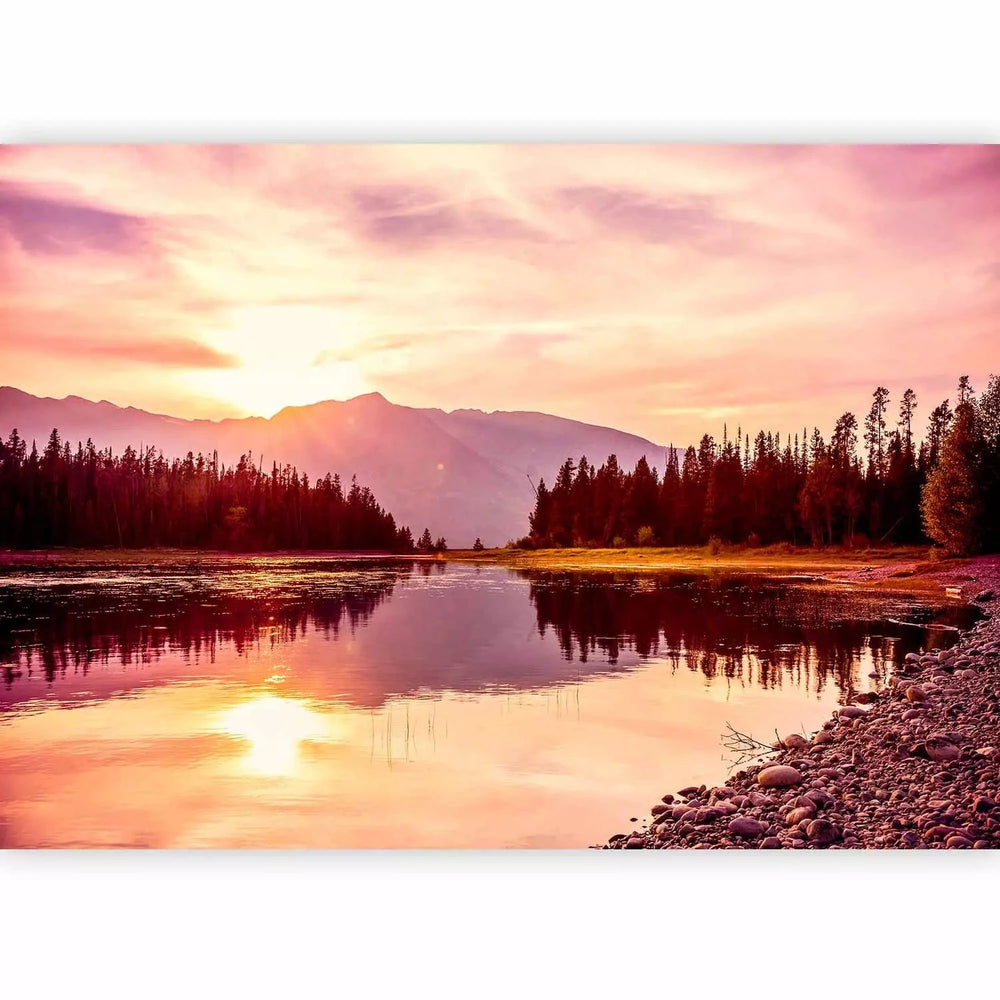 Fototapetes - Rudens ainava ar saulrietu - kalnu ainava ar ezeru G-ART