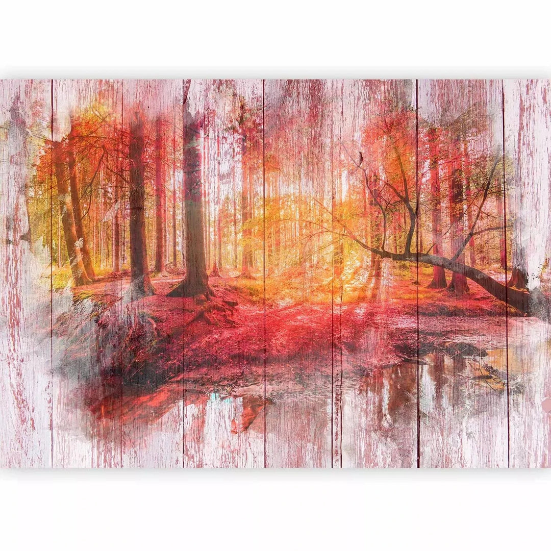 Fototapetes - abstrakcija ar rudens mežu un kokiem, oranžā krāsā G-ART