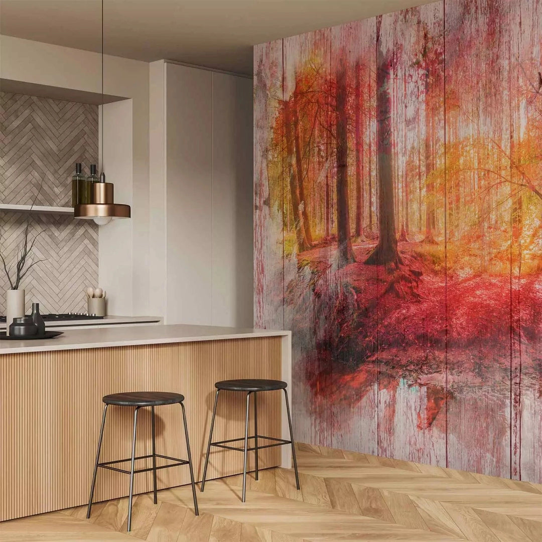 Fototapetes - abstrakcija ar rudens mežu un kokiem, oranžā krāsā G-ART