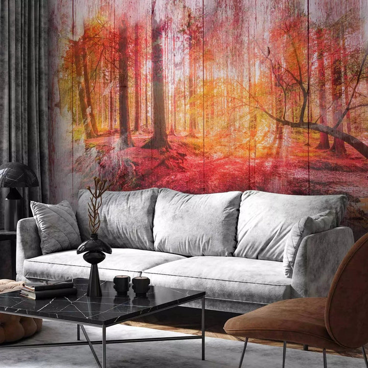 Fototapetes - abstrakcija ar rudens mežu un kokiem, oranžā krāsā G-ART
