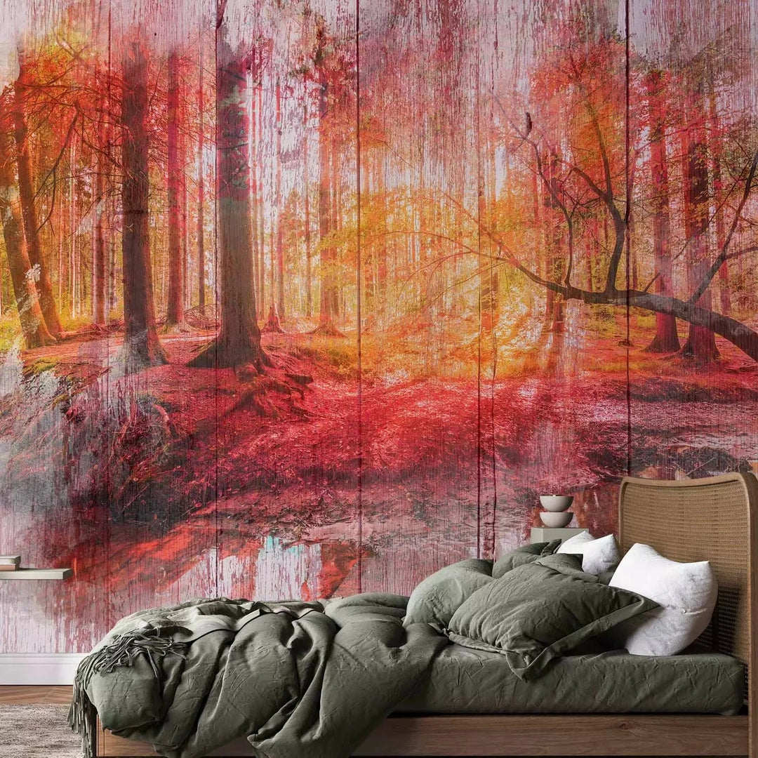 Fototapetes - abstrakcija ar rudens mežu un kokiem, oranžā krāsā G-ART