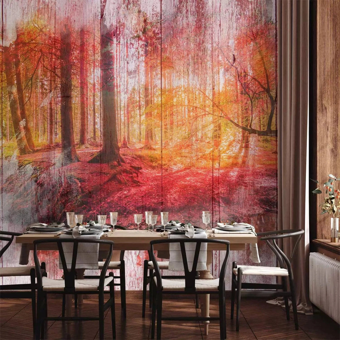 Fototapetes - abstrakcija ar rudens mežu un kokiem, oranžā krāsā G-ART