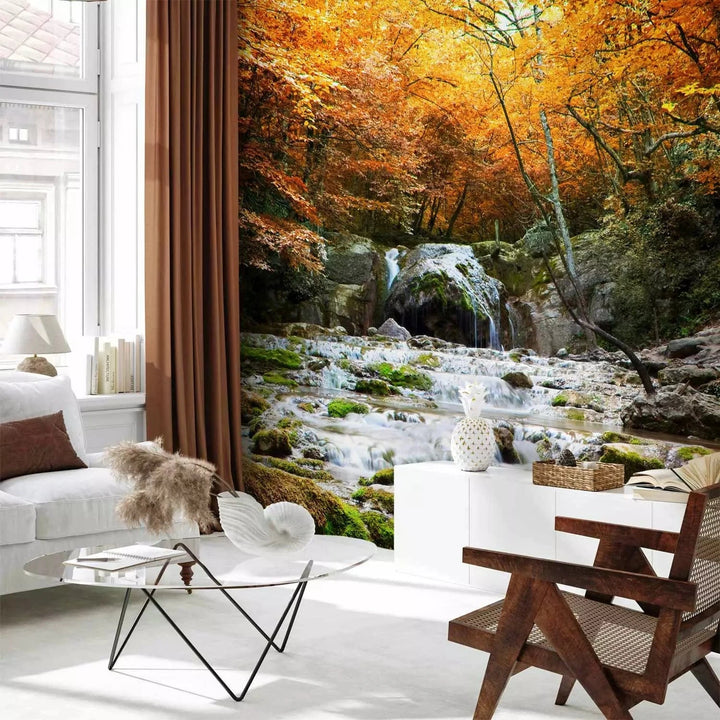 Fototapetes - Ainava ar klinšaino upi un akmeņiem rudens meža vidū G-ART