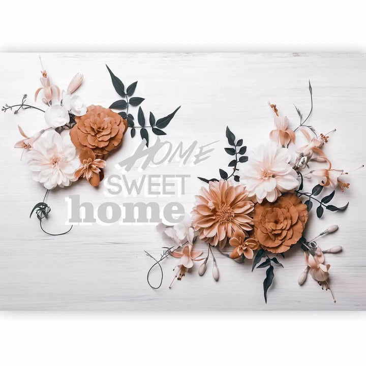 Fototapetes brūnos toņos ar ziediem un uzrakstu "Home sweet home" G-ART