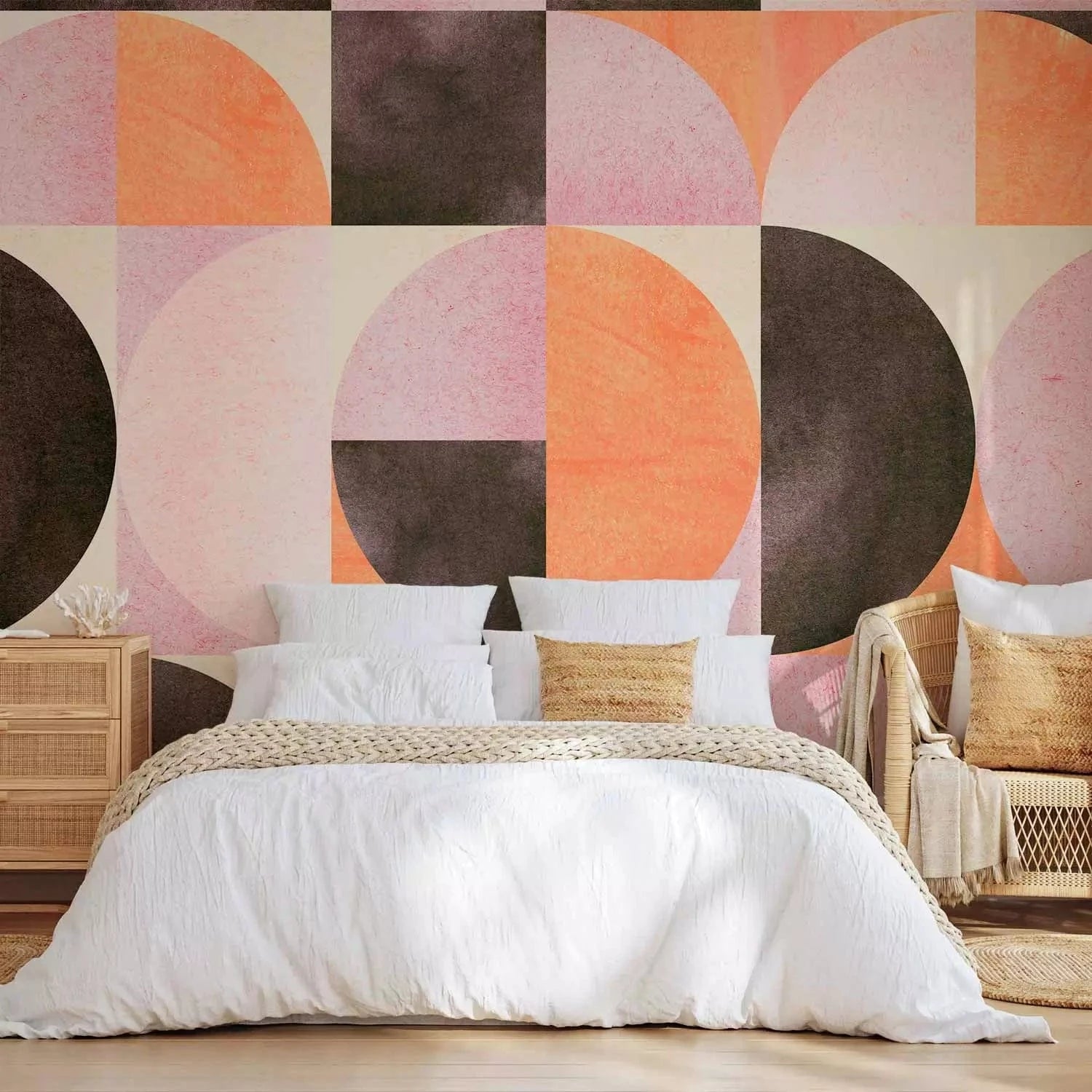 Fototapetes - simetriskas apļi un kvadrāti siltos toņos - rozā, oranžā G-ART