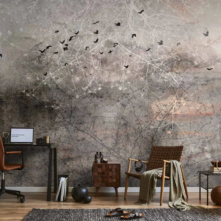 Fototapetes - lidojoši putni pret debesīm un balta lapotne - 148594 G-ART