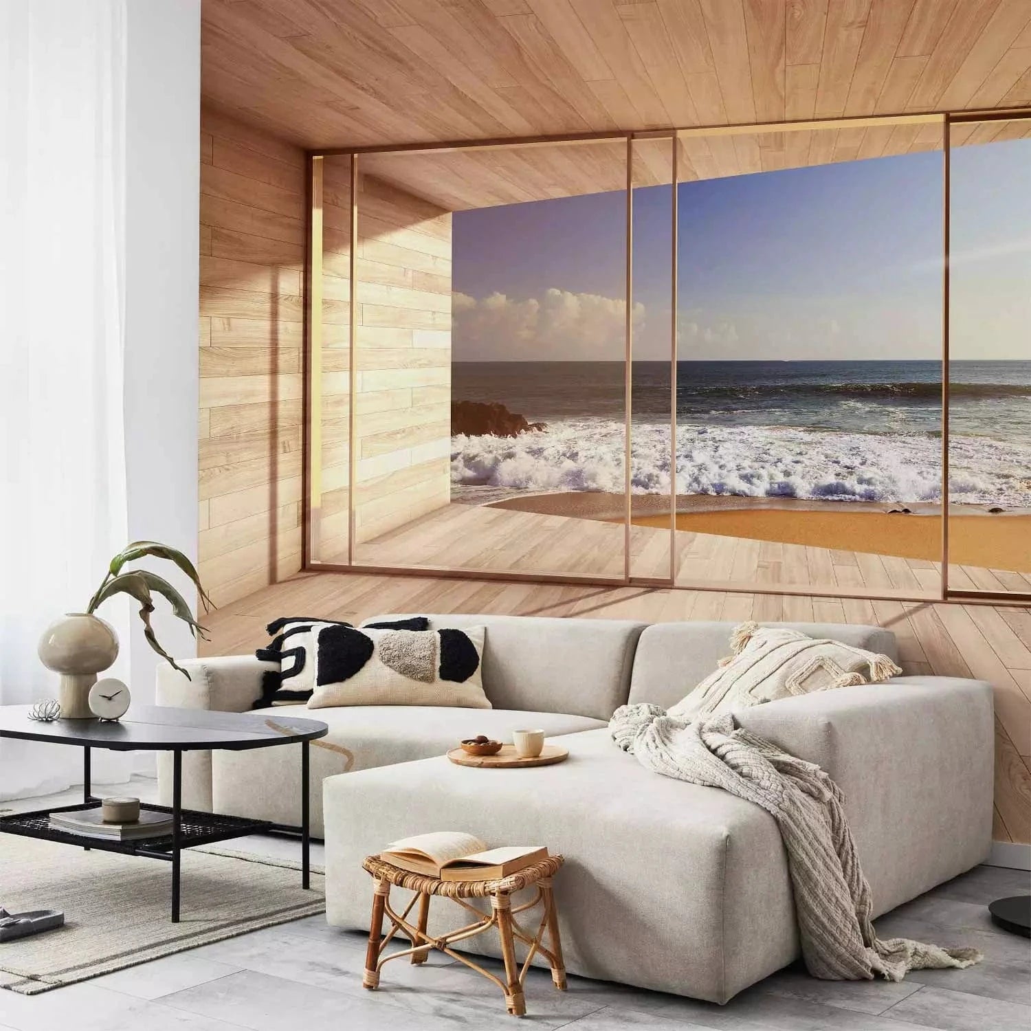 Fototapetes - Skats no terases loga uz jūras viļņiem un debesīm Tapetenshop.lv