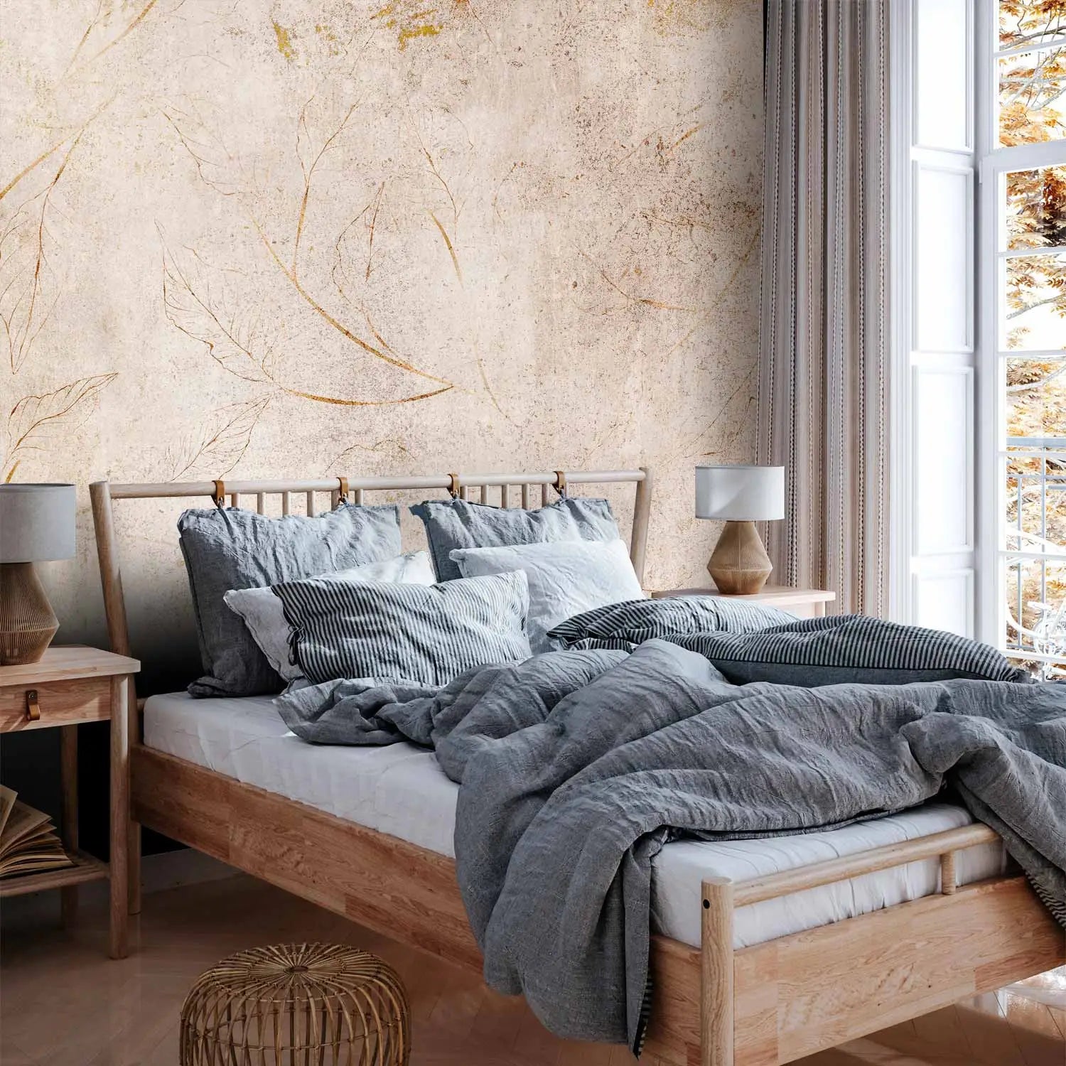 Fototapetes - Smalkas dabas skices – grafika bēšās krāsās ar lapąm G-ART