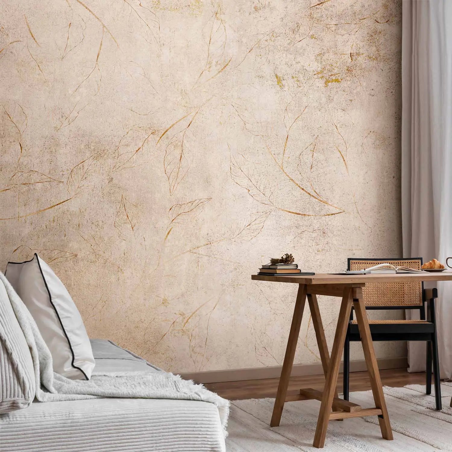 Fototapetes - Smalkas dabas skices – grafika bēšās krāsās ar lapąm G-ART