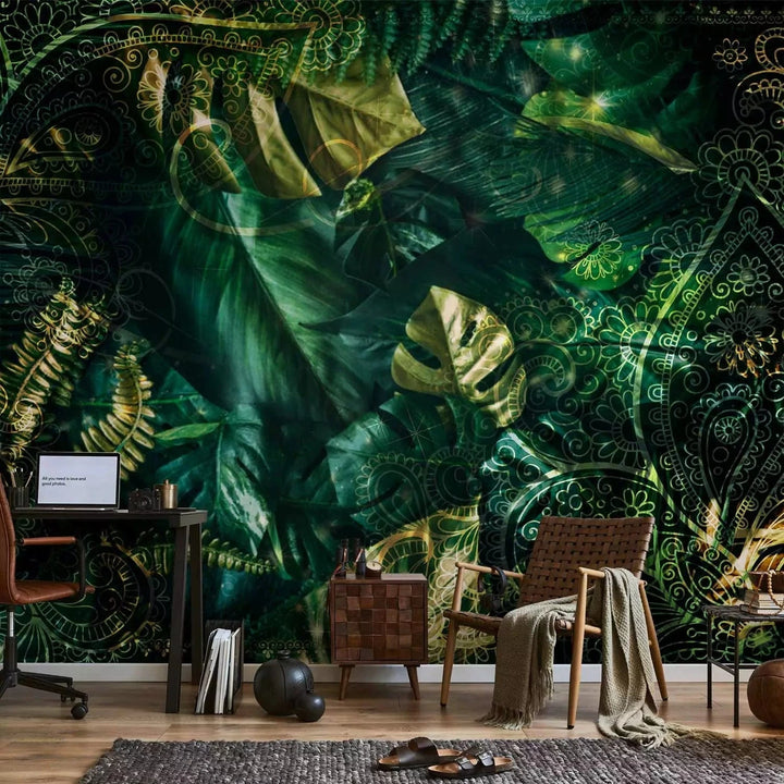 Fototapetes - Smaragda džungļi - lapas ar zelta akcentu G-ART