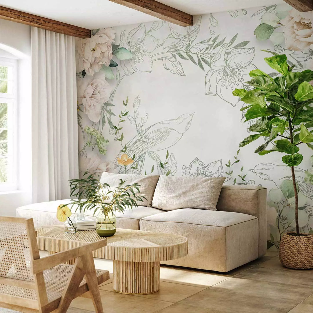 Fototapetes ar putniem - Spilgtas puķes un zaļas lapas G-ART