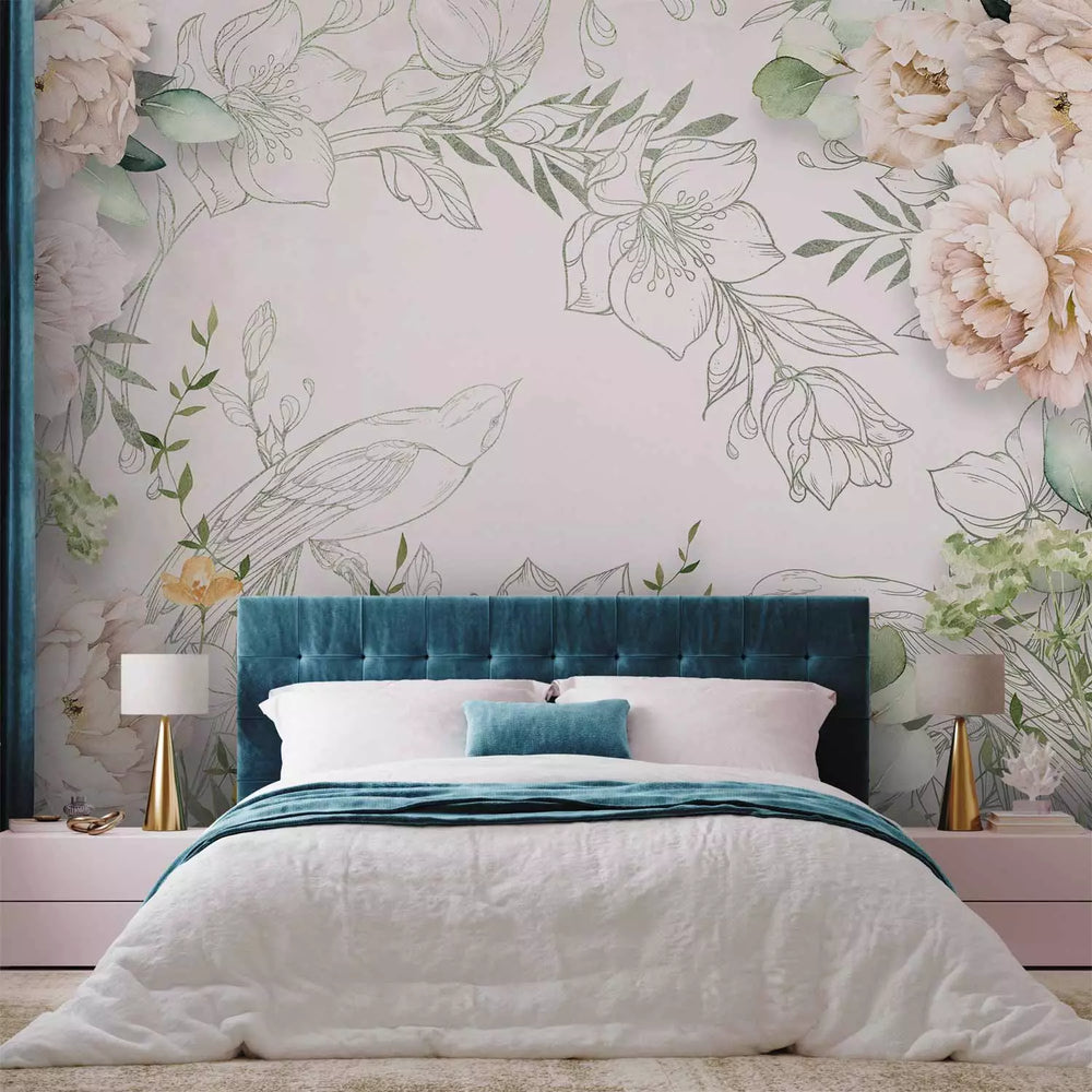 Fototapetes ar putniem - Spilgtas puķes un zaļas lapas G-ART