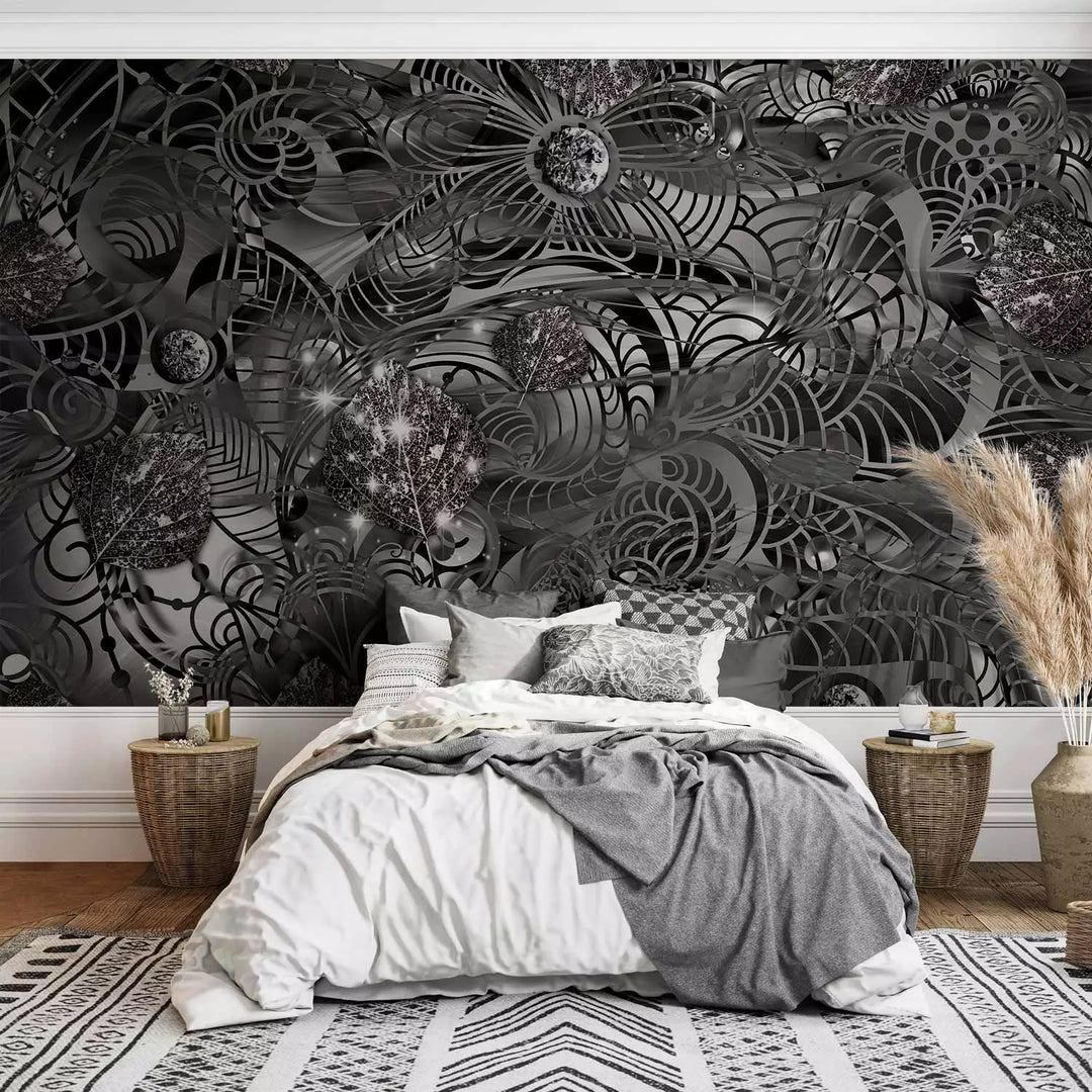 Fototapetes  - abstrakcija ar ziediem no liekta metāla - melnā G-ART