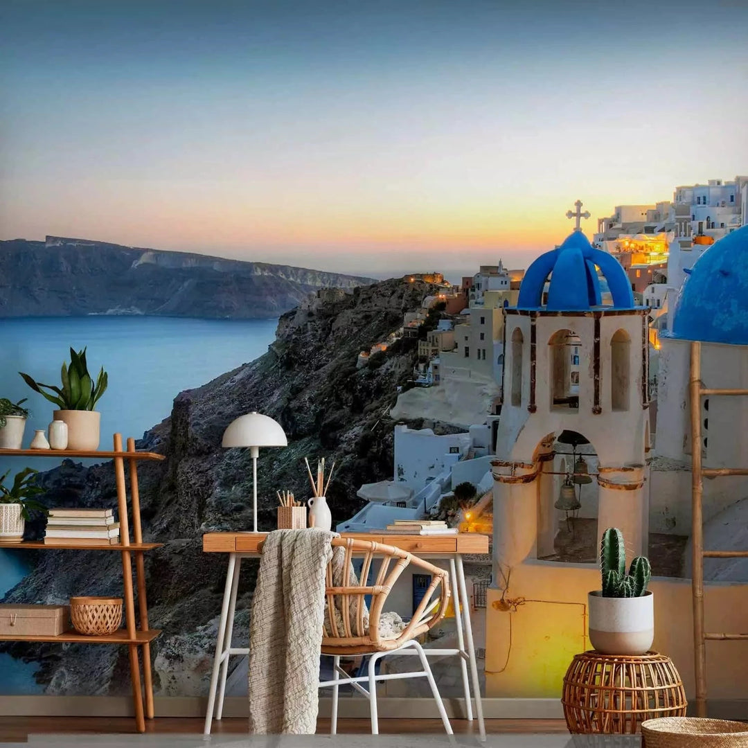 Fototapetes - Thira saulrietā – grieķu jūras ainava ar arhitektūru G-ART