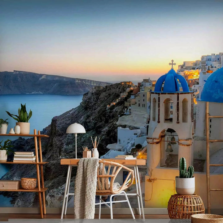 Fototapetes - Thira saulrietā – grieķu jūras ainava ar arhitektūru G-ART