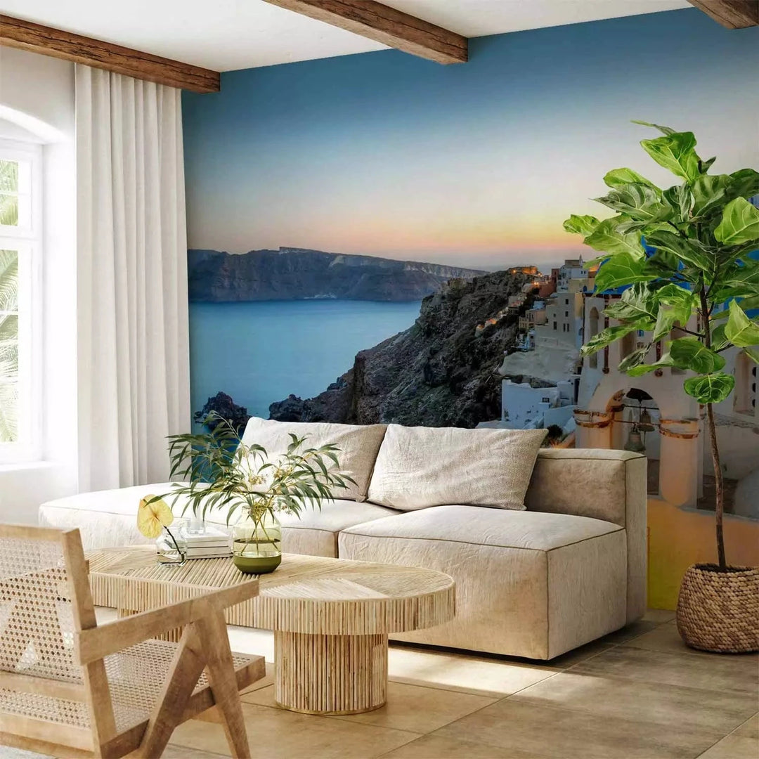 Fototapetes - Thira saulrietā – grieķu jūras ainava ar arhitektūru G-ART
