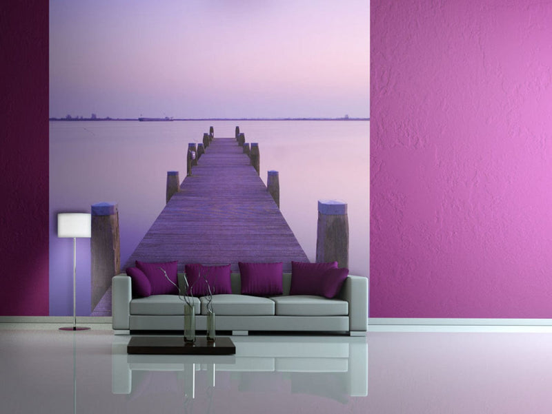 Fototapetai - Tiltas prie ežero violetiniame saulėlydyje, 60252 G-ART