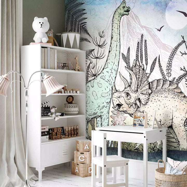 Fototapetes ar dinozauriem - Trikeratops, tiranozaurs un diplodokss G-ART