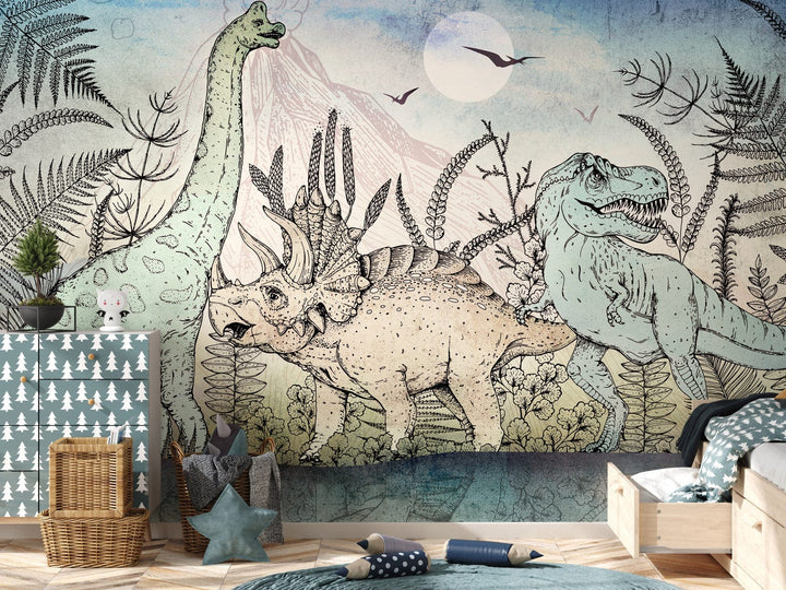 Fototapetes ar dinozauriem - Trikeratops, tiranozaurs un diplodokss G-ART