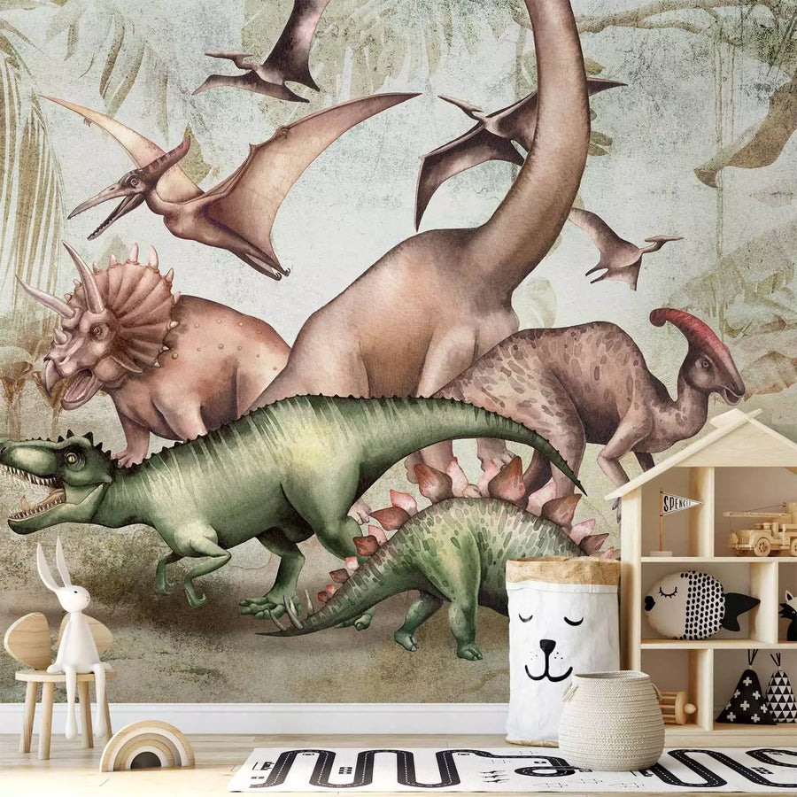 Fototapetes ar dinozauriem - Trikeratops, tiranozaurs un stegozaurs G-ART