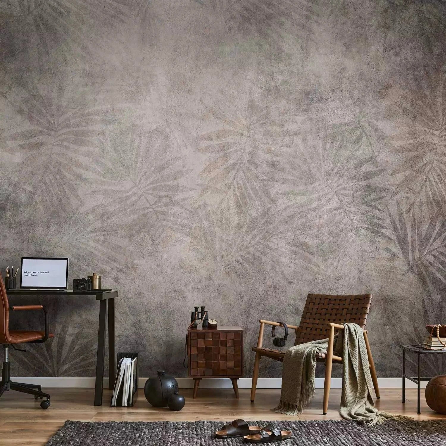 Fototapetes - tropiskas lapas uz pelēka fona - viesistabai G-ART