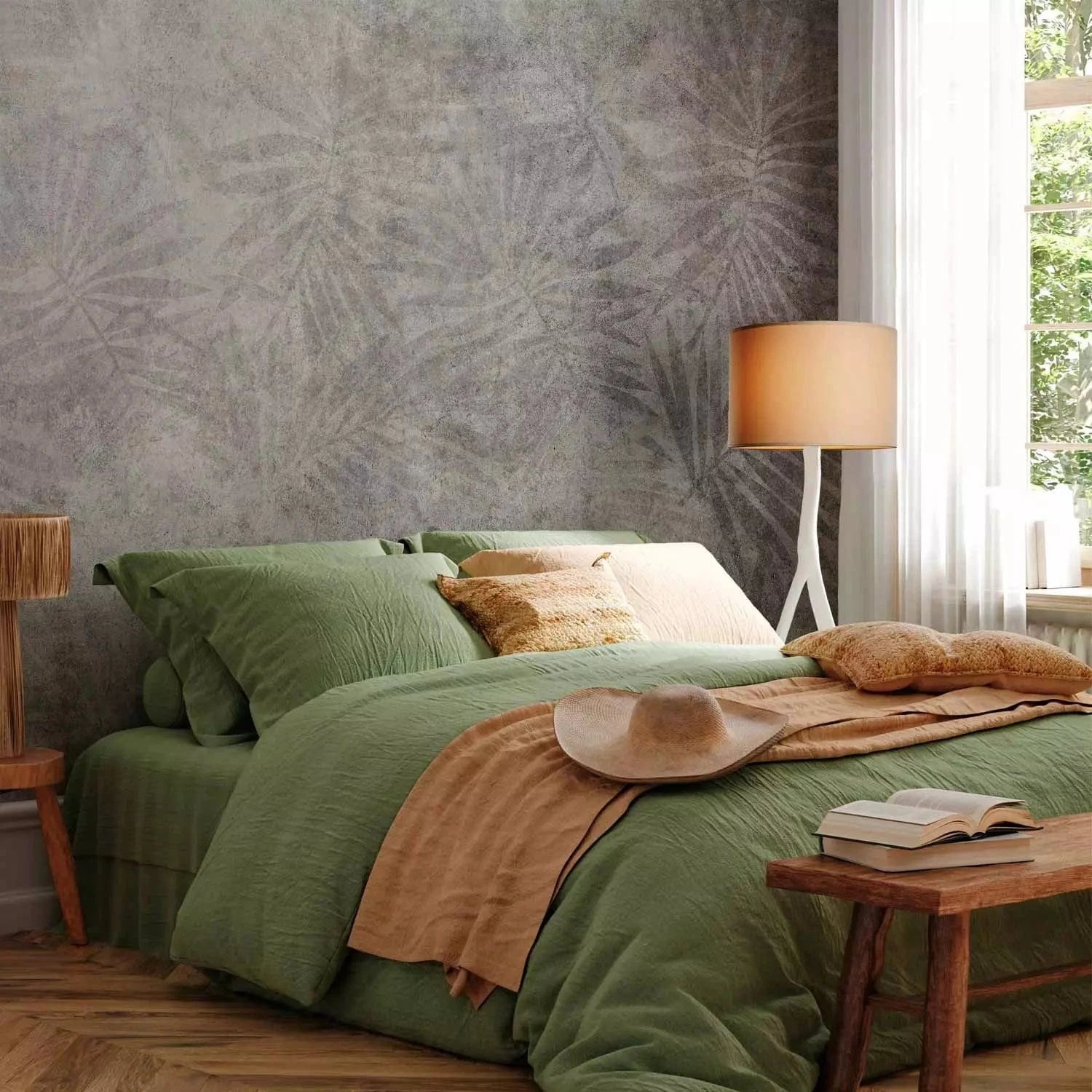 Fototapetes - tropiskas lapas uz pelēka fona - viesistabai G-ART