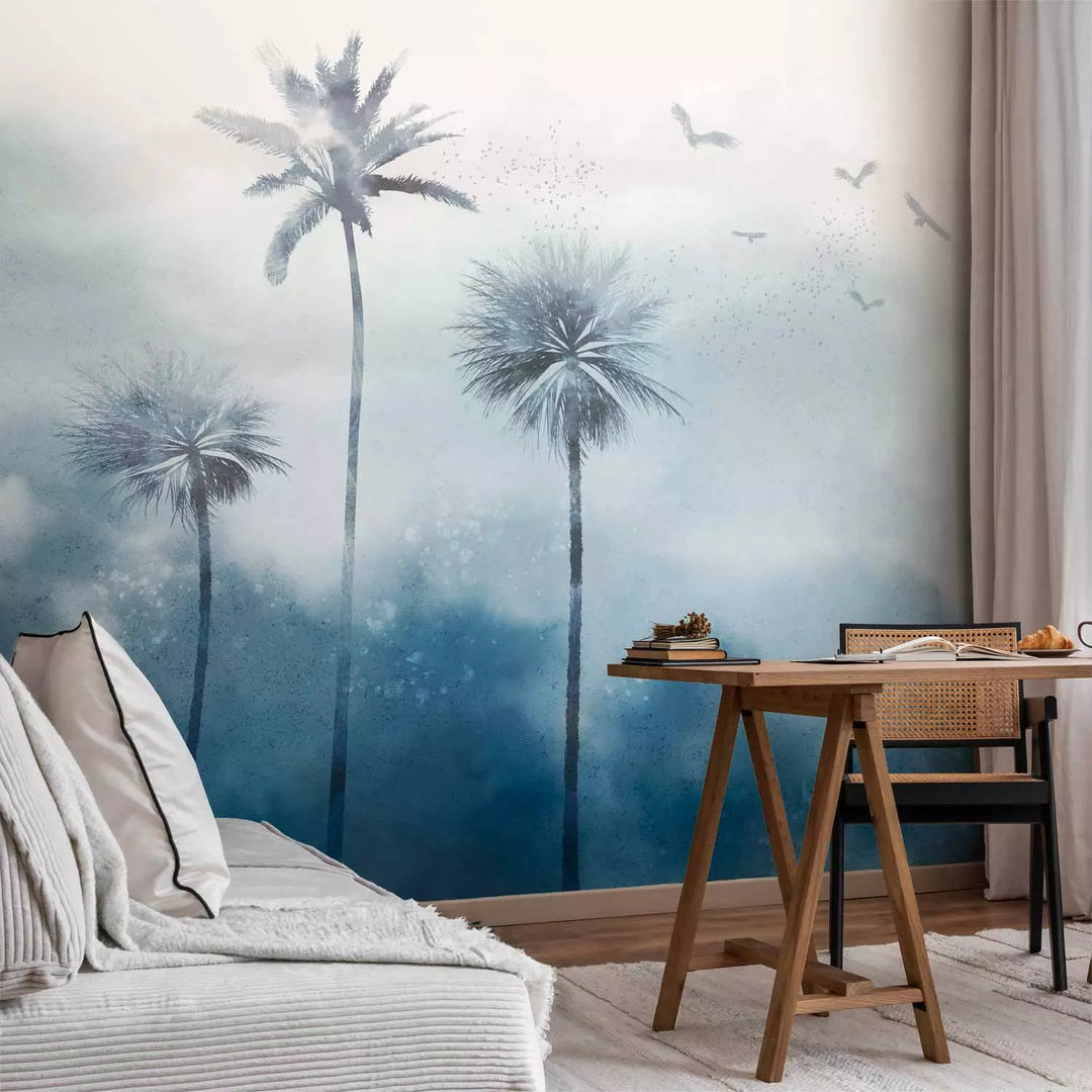 Fototapetes - Tropu brīze – mākoņaina ainava ar palmām un putniem zilā G-ART
