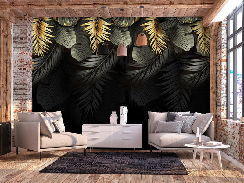 Wall Murals - Tropical leaves in shades of green and gold, 142318 G-ART