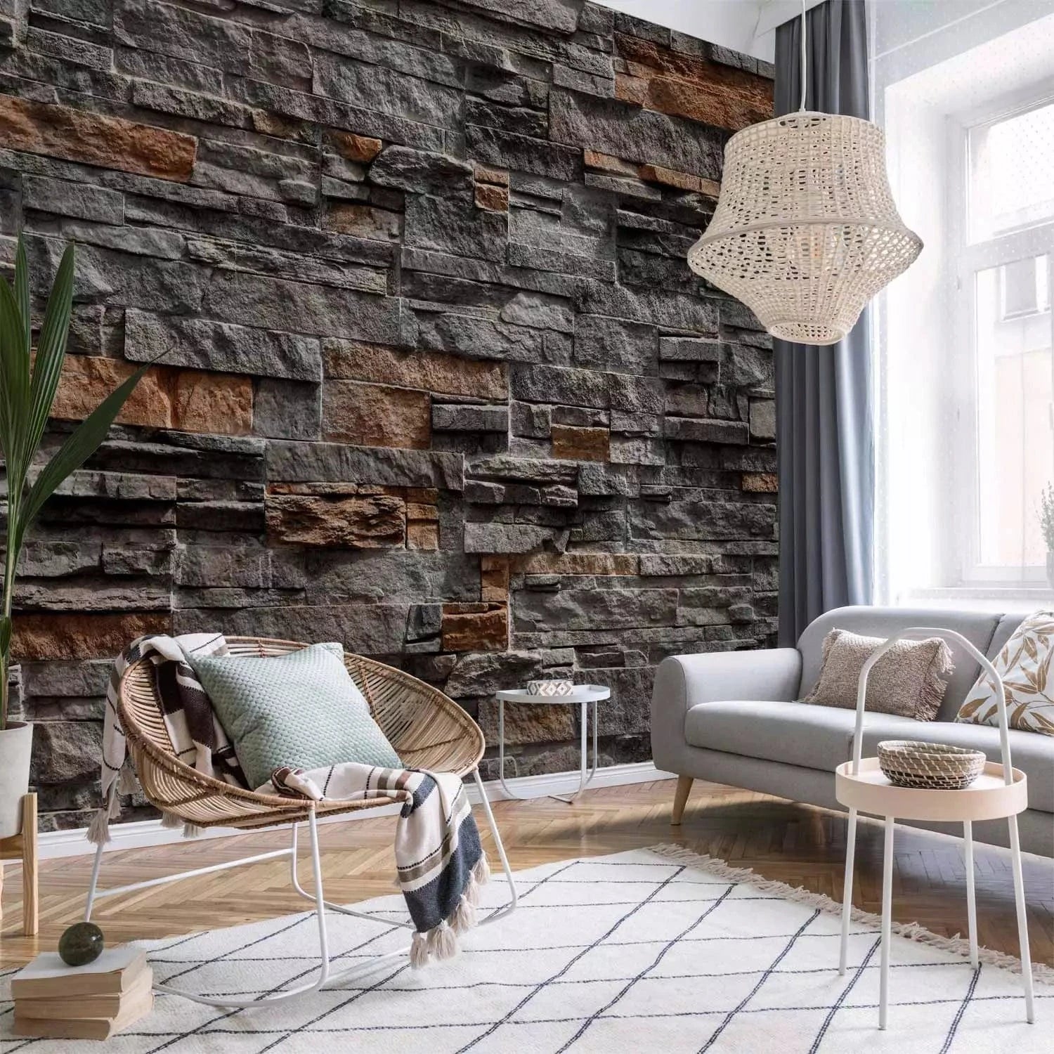 Fototapetes - Tumša siena ar akmens rakstu - brūnā krāsā G-ART