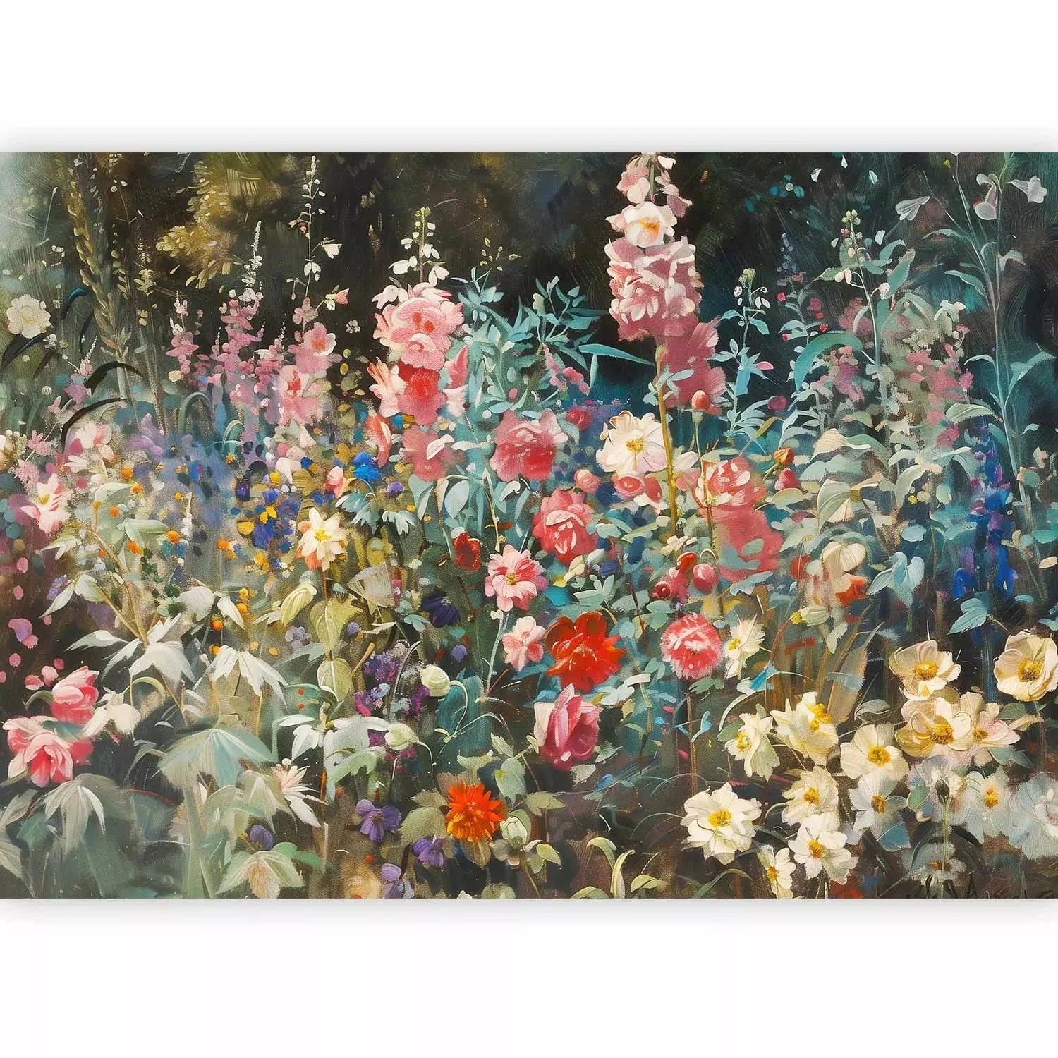 Fototapetes - Vasaras dārzs - ziedi pilnā krāšņumā uz zaļa fona G-ART