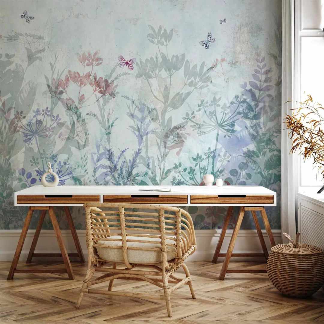 Fototapetes - Vasaras pļavas | maigi ziedi un tauriņi uz zila fona G-ART