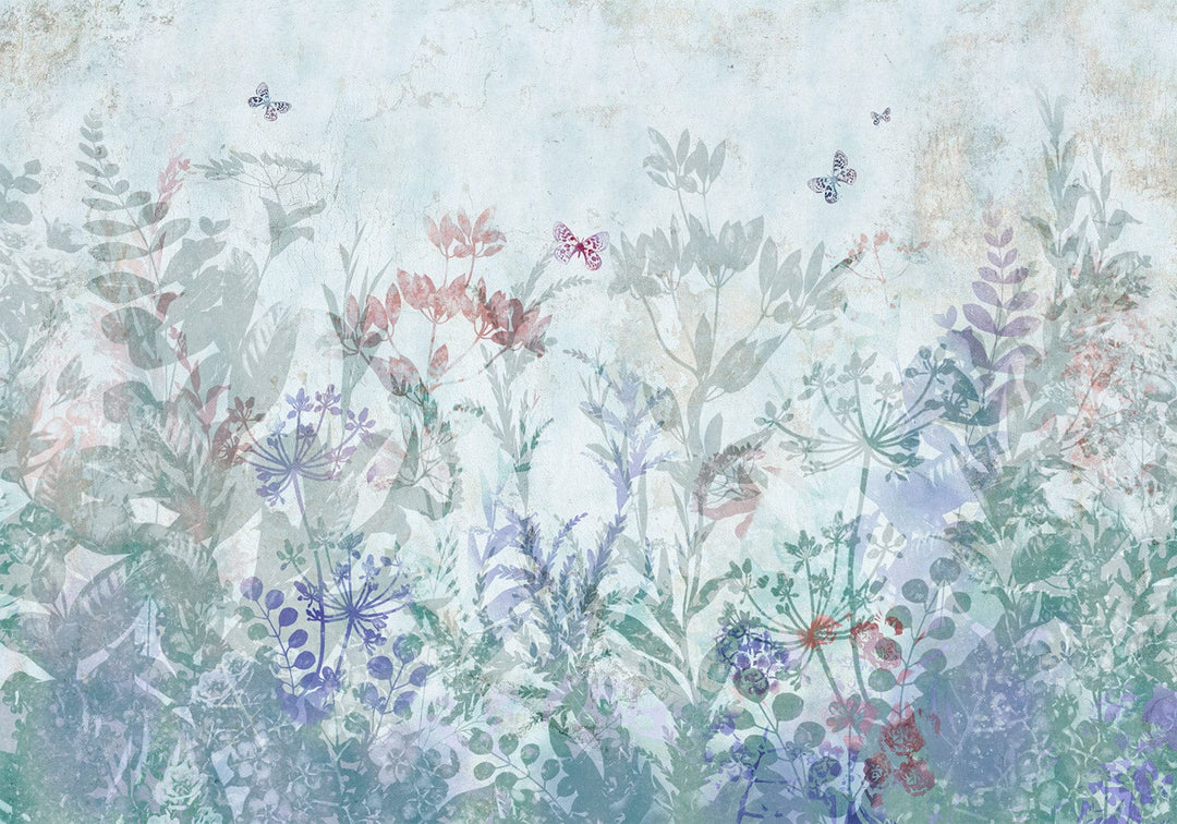 Fototapetes - Vasaras pļavas | maigi ziedi un tauriņi uz zila fona G-ART