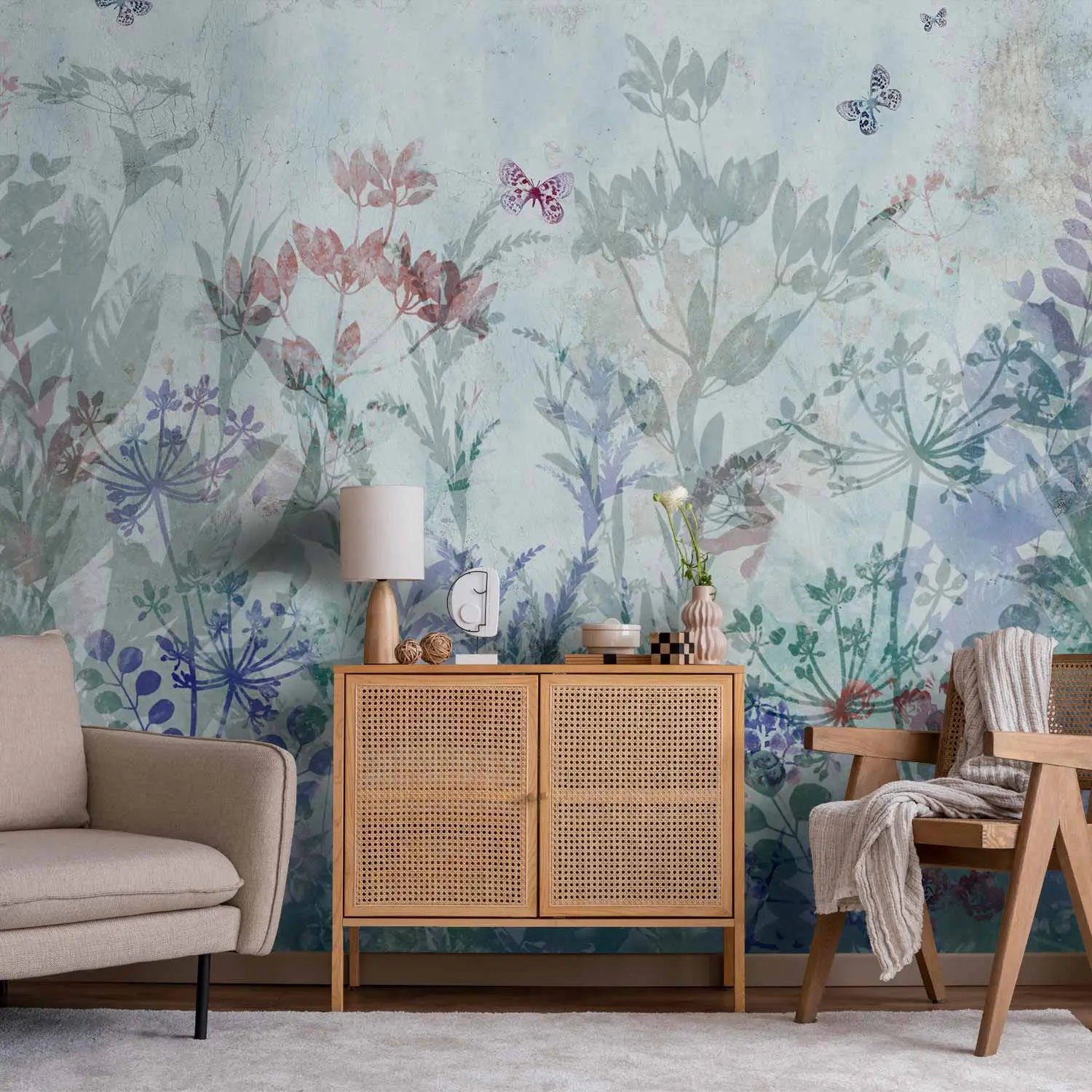 Fototapetes - Vasaras pļavas | maigi ziedi un tauriņi uz zila fona G-ART