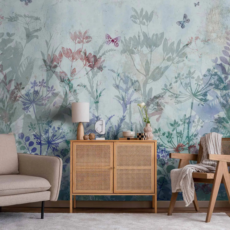 Fototapetes - Vasaras pļavas | maigi ziedi un tauriņi uz zila fona G-ART