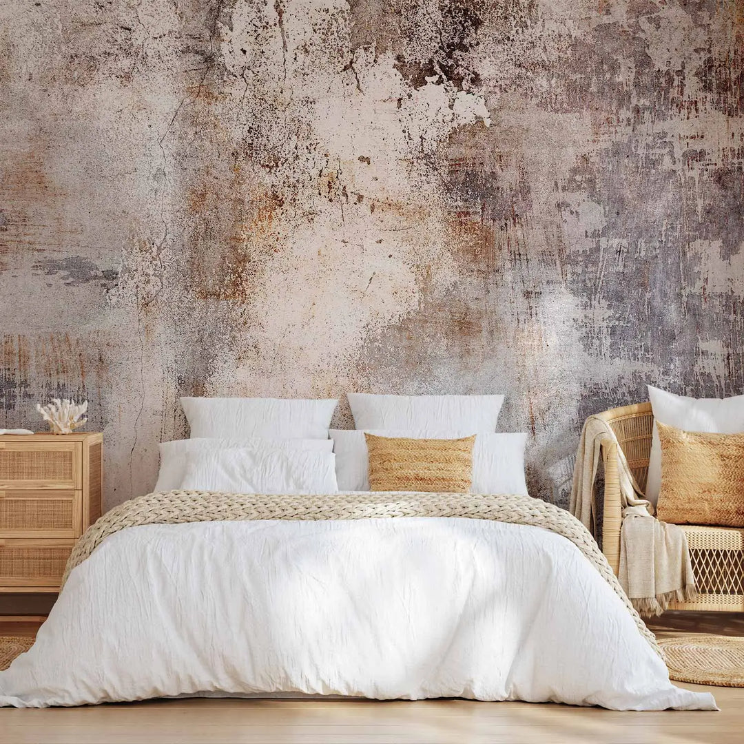 Фотообои в индустриальном стиле, имитирующие старую, изношенную стену с открытым серым бетоном, светлой облупившейся краской и выраженными ржаво-коричневыми текстурными эффектами и царапинами.