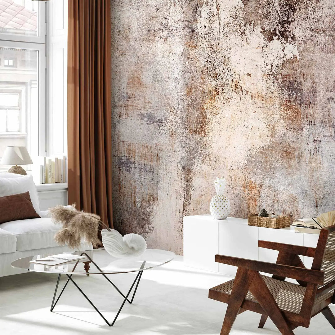 Фотообои в индустриальном стиле, имитирующие старую, изношенную стену с открытым серым бетоном — в уютном интерьере