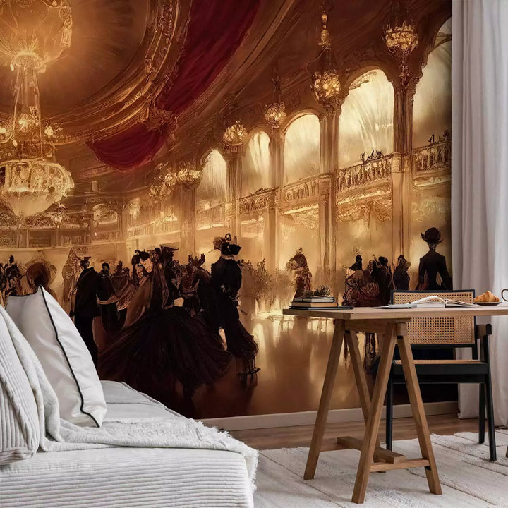 Fototapetes ar vēsturisku šarmu- Viduslaiku balles zāle zelta toņos G-ART