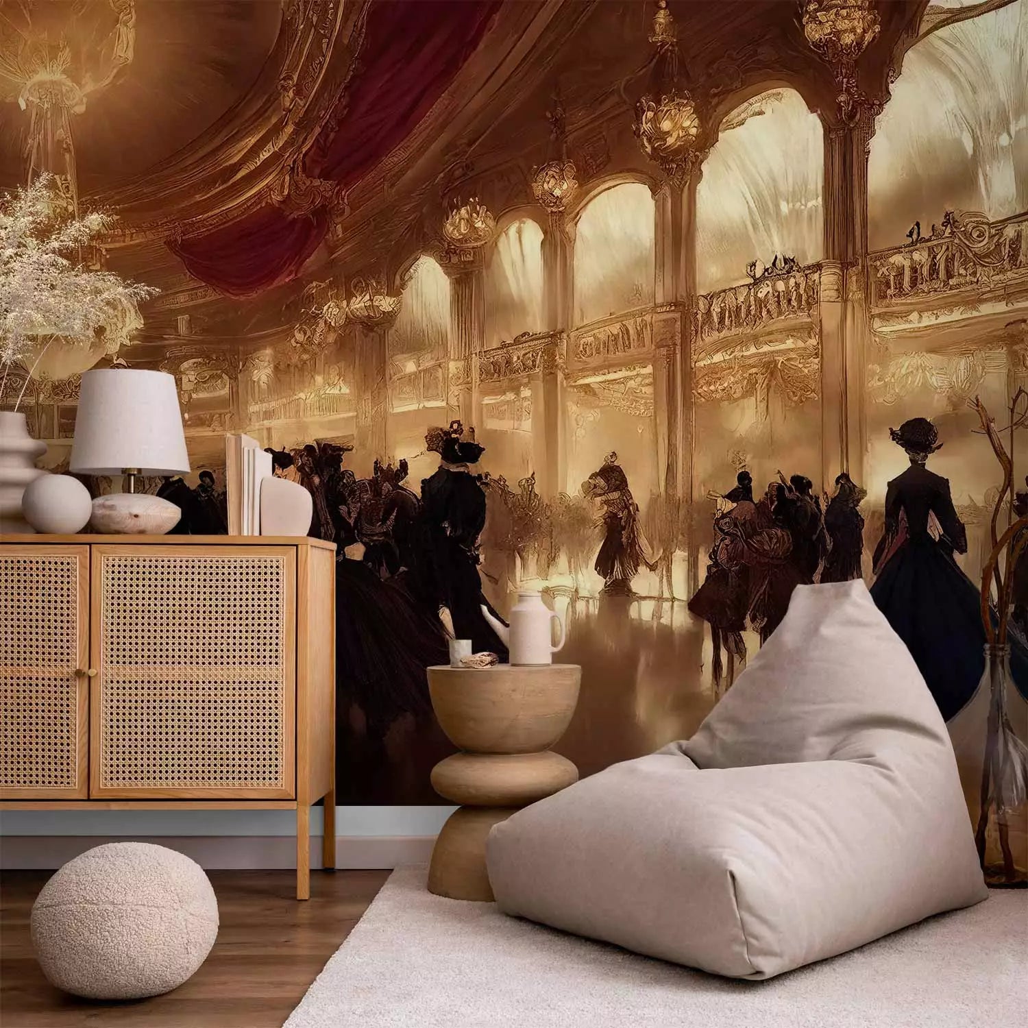 Fototapetes ar vēsturisku šarmu- Viduslaiku balles zāle zelta toņos G-ART