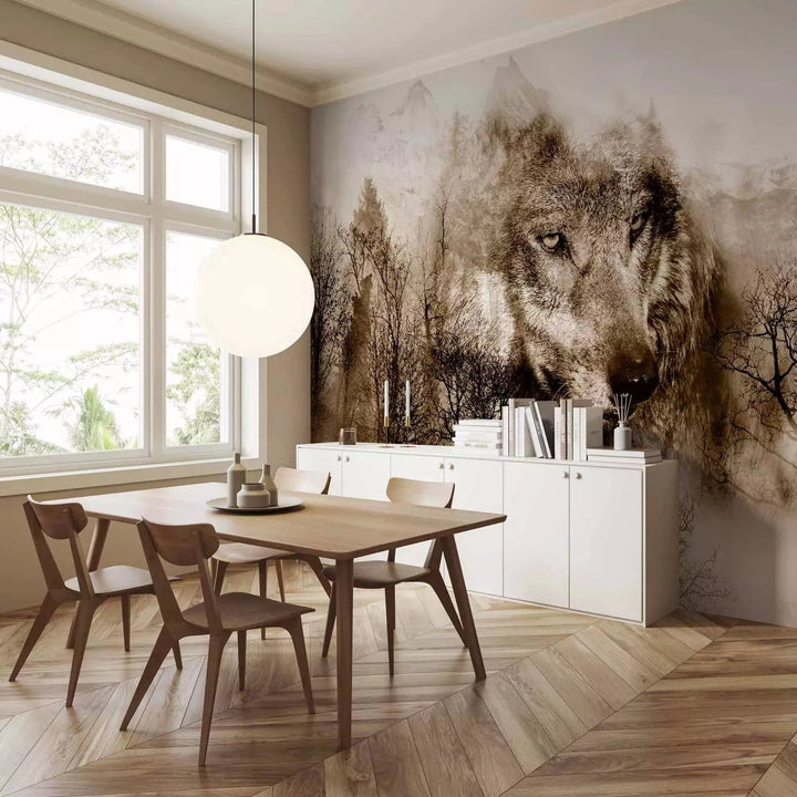 Fototapetes - vientuļš vilks uz meža fona sēpijas krāsā G-ART