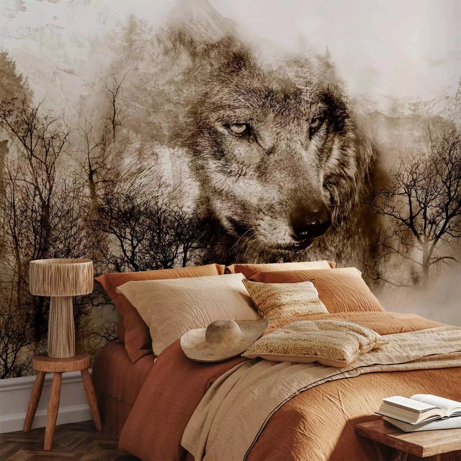 Fototapetes - vientuļš vilks uz meža fona sēpijas krāsā G-ART